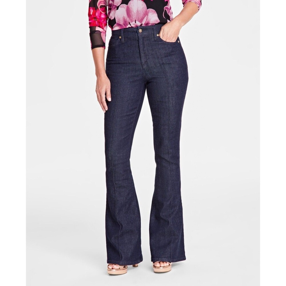 INC International Concepts Pintuck Flare Jeans Womens 14 Blue Dark Wash NEW